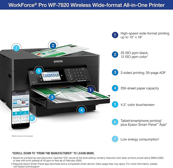 Epson Workforce Pro WF-7820 Wireless All-in-One Wide-Format Printer, Auto 2-Sided Print 13" x 19" Copy, Scan & Fax, 50-Page ADF, 250-sheet Paper Capacity, Works with Alexa - Black