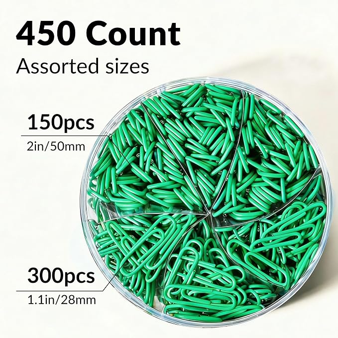 NEEWAY 450pcs Paper Clips Assorted Sizes, Small and Large Paper Clips (1.1 inch, 2 inch), Coated Paperclips for Office School Document Organizing (Green)