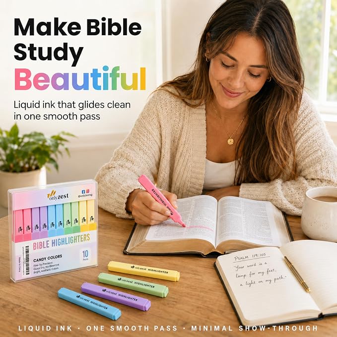 10 Aesthetic Bible Highlighters - Chisel Tip Liquid Ink Marker | Pen with Snap Caps for Clean Highlighting - Assorted Colors, No Bleed & Quick Dry - Bible Marker for Journaling & Studying