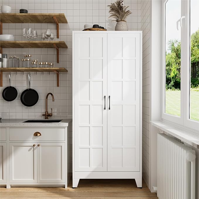 COFaR 71" White Farmhouse Pantry Cabinet with Doors and Adjustable Shelves | 5-tier kitchen pantry cabinet with square-panel doors and 4 adjustable shelves for laundry room, office or garage storage.