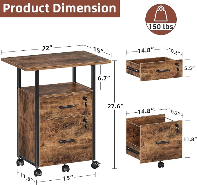 GYIIYUO 2 Wood Drawer Lockable File Cabinet with 22'' Extended Desktop | Mobile Filing Cabinet, Side Bag, Rolling Printer Stand, Fits A4&Letter Size, Home Office, Rustic Brown