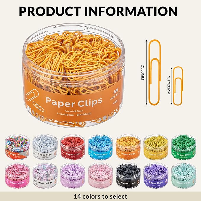 NEEWAY 450pcs Paper Clips Assorted Sizes, Small and Large Paper Clips (1.1 inch, 2 inch), Coated Paperclips for Office School Document Organizing (Orange)