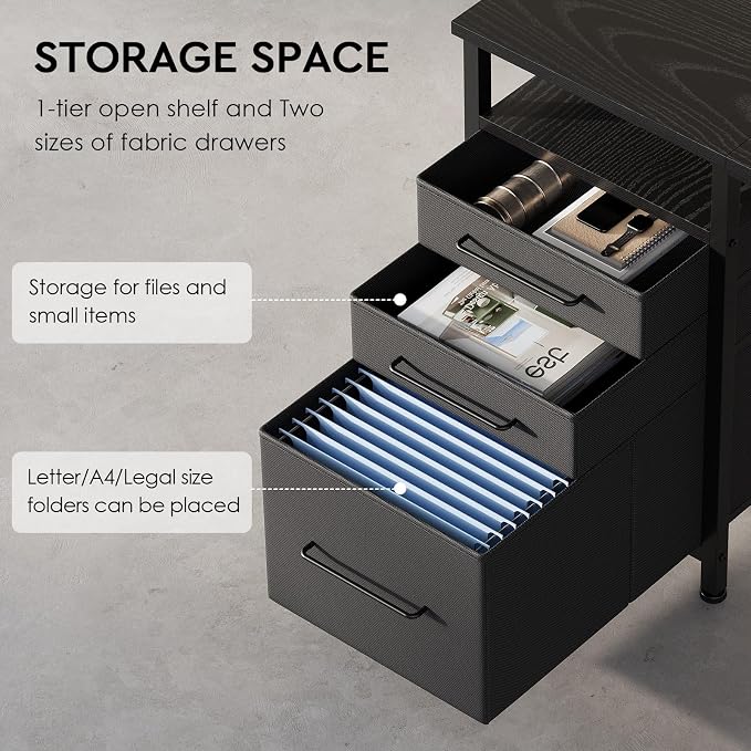 Small Desk with Drawers, Office Desk with Storage Shelves, Black | 47 Inch Desktop, Metal Frame, 3 Fabric Drawers, Storage Shelves, Computer & Writing Desk, Office Gaming Workstation