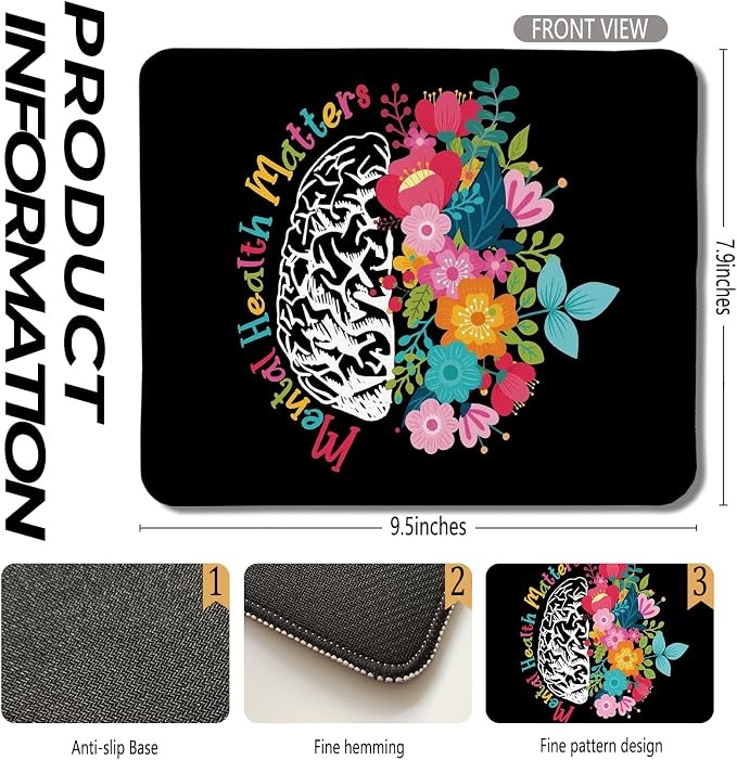Mental Health Matters Mouse Pad, Inspirational Mouse Pad, Floral Mouse Pads for Wireless Mouse Computers Laptop Desk Accessories, Mental Health Gifts, 9.5x7.9 Inch