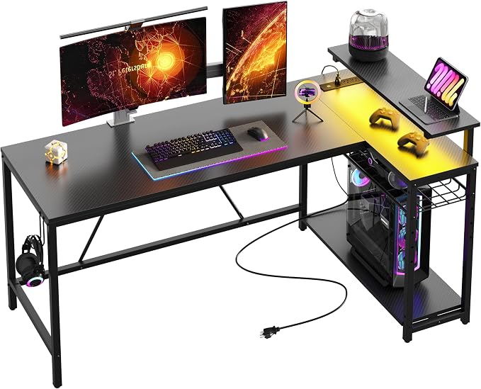 Bestier 58-Inch L-Shaped Gaming Desk with Charging & LED, Black | Charging 3AC+2USB, RGB LED Strip, Reversible Shelves, Monitor Stand, Headphone Hook, Metal Mesh Shelf, 58 in