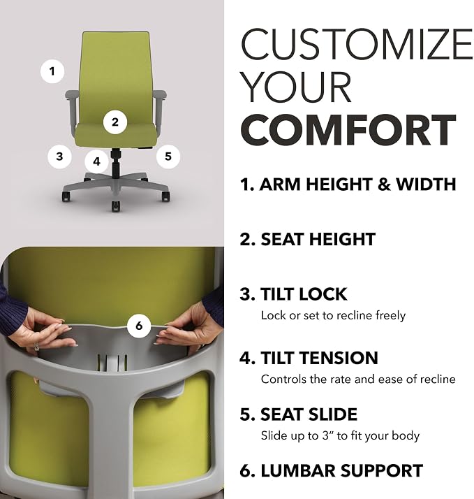HON Ignition 2.0 Ergonomic Office Chair, Lumbar Support, Pear | Ergonomic office desk chair with lumbar support, adjustable arms, office decor, workstation comfort for focused productivity