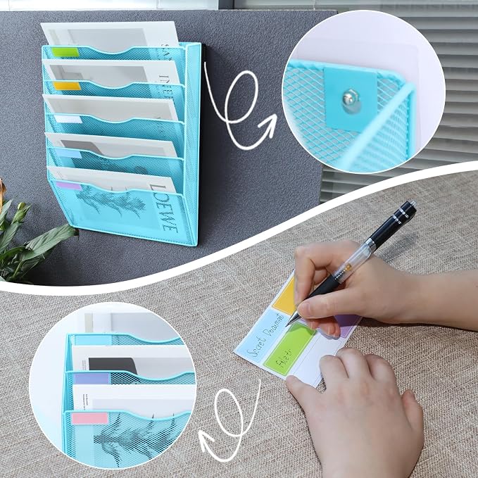 5 Pockets Mesh Wall File Holder Organizer Office Hanging File Folder Magazine Rack, Nametag Label Hooks Set Included (Blue)