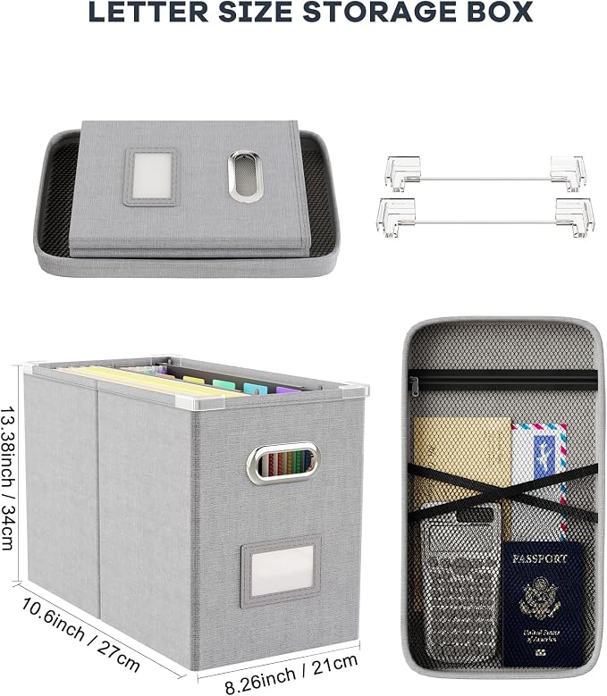 File Organizer with Lid, Hanging Filing Box with Mesh Pocket, Document Organizer for Letter Files, Portable Storage Box with Smooth Sliding Rail for Office & Home (1 PCS, Light Grey)