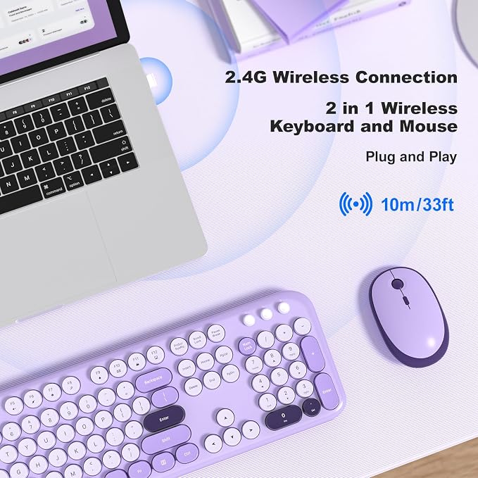 KNOWSQT Wireless Keyboard and Mouse Combo - Lovely Violet 2.4G Full-Sized Colorful Keyboards, Round Keycap USB Dongle Plug Play Cute Keyboards for Windows, Laptop, PC, Desktop, Mac