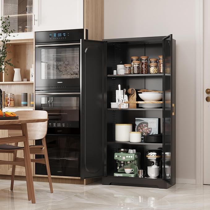 Steeloong 60"Metal Pantry Storage Cabinet with Doors & 3 Adjustable Shelves | Kitchen Pantry Cabinet,Black Kitchen Cabinet with 2 Gold Handles,Tall Cabinet for Livingroom,Pantry, Bathroom,Kitchen