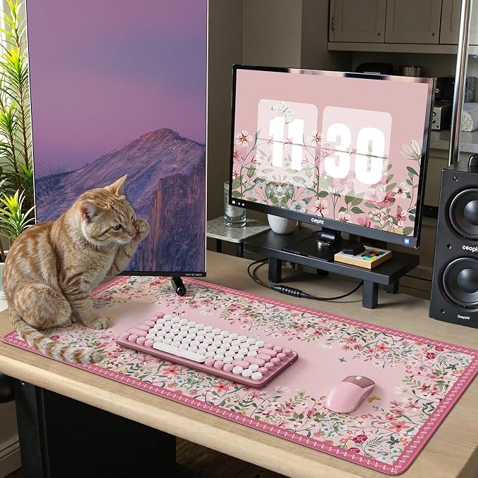 iCasso Desk Mat Pink,Long Mouse Pad with Stitched Edges | Non Slip Computer Pad for Women,Cute Aesthetic Keyboard Mat for Desktop,Large Desk Cover Work Home School
