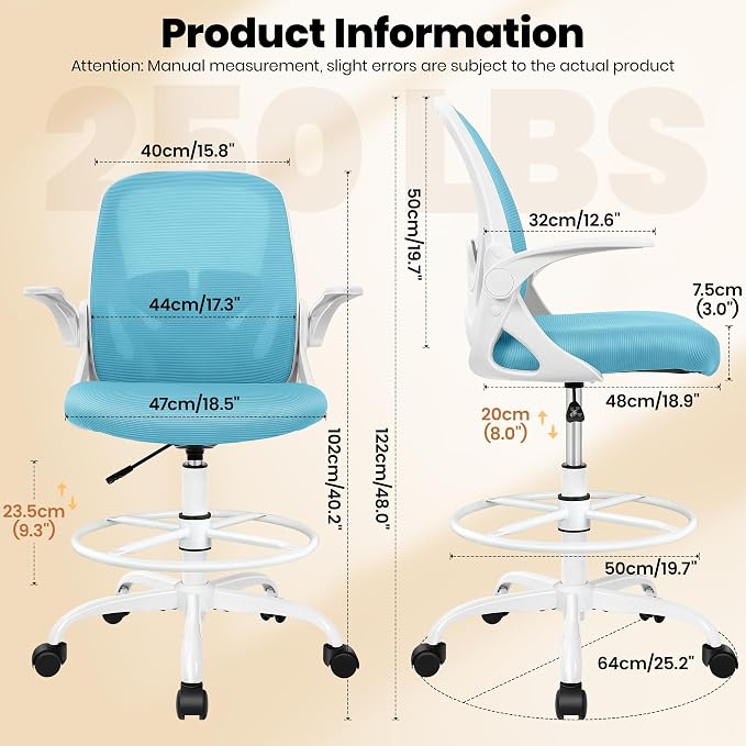 Drafting Chair Tall Office Chair with Flip-up Armrests Executive Ergonomic Computer Standing Desk Chair with Lumbar Support and Adjustable Footrest Ring（Blue）