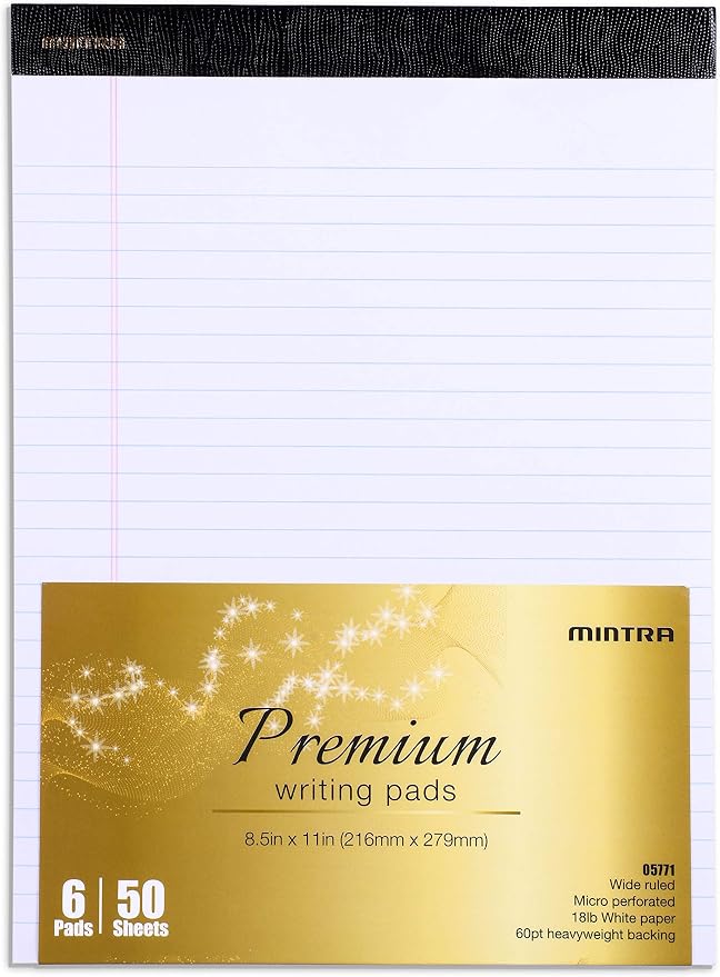 Mintra Office White Legal Pads – Ruled Notepads and Micro-Perforated Sheets, Ideal for Writing, Note-Taking & Creativity, Office, or Professional Use, Premium Pad 6 pack, 8.5"x11" (Wide Ruled)