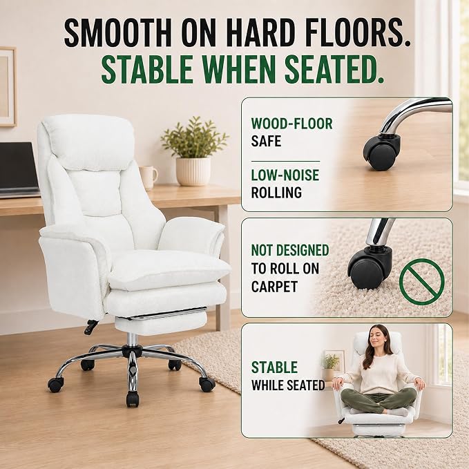 Criss Cross Office Chair with Wheels,Flip-Up Arms and Footrest, White | Cross Legged Office Chair, 30" Wide Seat, 7.87" Teddy Fleece Cushion, 155° Recline, 400 lb, Home Office or Vanity
