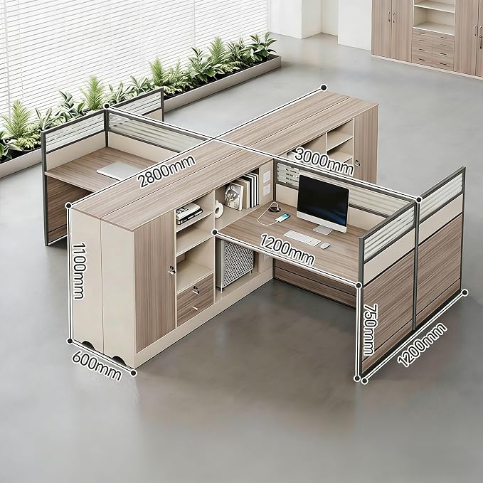 Modern Office Workstation Desk with Side Storage Cabinet, Tempered Glass Privacy Panels, USB Charging Hub & Cable Management, Modular Cubicle Desk for Office Work (C - Left, 4P)