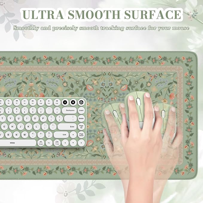 iCasso Aesthetic Floral Desk Mat,31.5x11.8in Mouse Pads,Light Green | Anti-Slip Mousepad with Stitched Edges, Waterproof Computer Pad, Desk Accessories Office Decor for Women