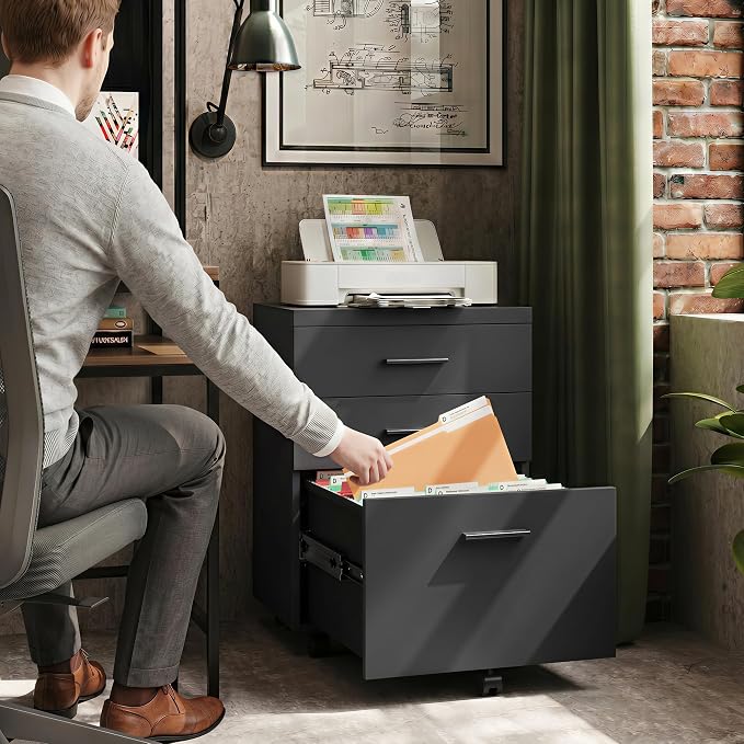 DEVAISE 3 Drawer File Cabinet, Wood Under Desk Filing Cabinet, Black | Rolling Printer Stand, Small Storage Cabinet with Wheels, Fits Legal/Letter/A4 Size, Home Office