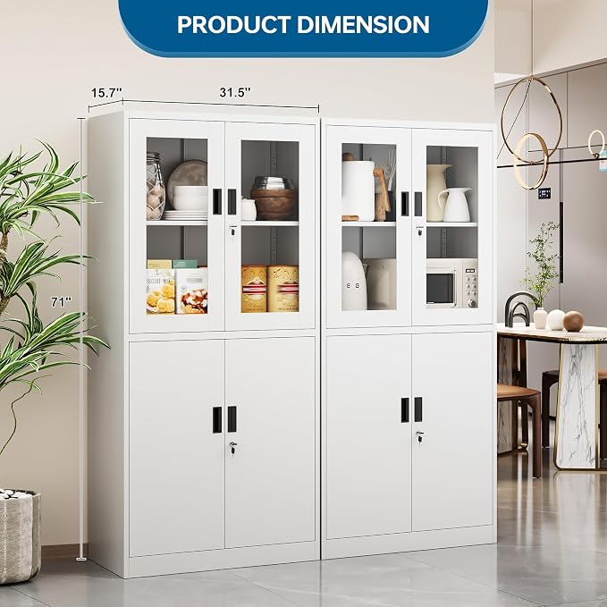 PEUKC Display Storage Cabinet with Glass Door, 71 Inches Metal Curio Cabinet with 2 Adjustable Shelves, Locking Glass Display Case for Home, Office, Clinic, Pantry, Assemble Required(White)