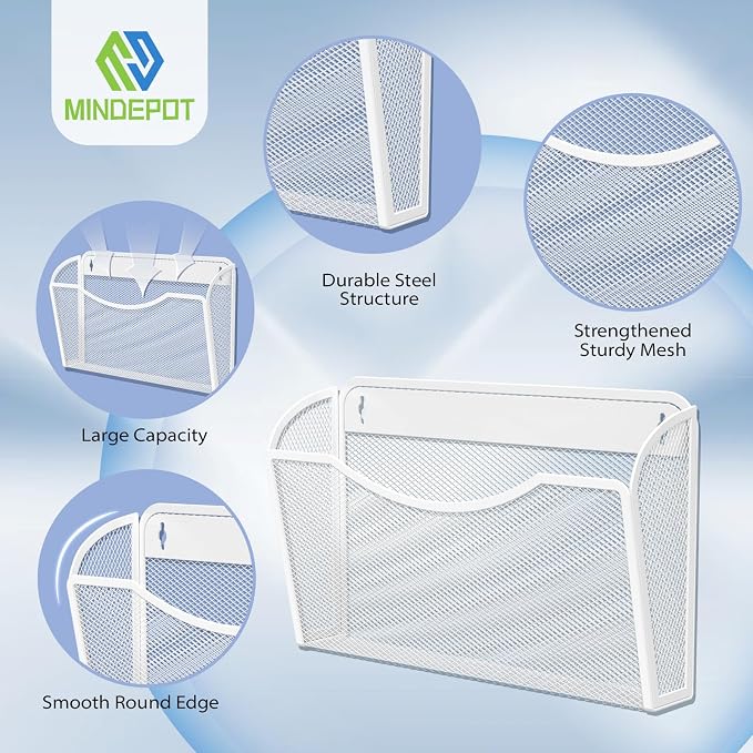 MINDEPOT Wall File Organizer, Hanging Wall File Holder, 2 Pack, White | Heavy Duty Iron, Metal Mesh Wall Mount, Single Pocket, Mail Organizer, for Office School Classroom Home, Letter A4 Size
