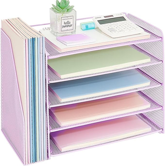 OPNICE Desk Organizer, 5-Tier Paper Organizer Letter Tray with Magazine Holder, Office Desk Accessories & Workspace Organizers, Desktop File Organizer for Office Supplies Storage, Purple