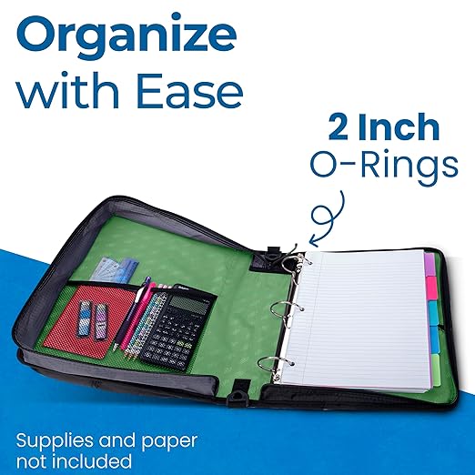 Case-it School Zipper Binder | 2" O-Rings | 400-Sheet | LT-007 Canopy Green | Universal, 13-Inch Laptop/Tablet Padded Pocket, Multiple Storage Pockets, Shoulder Strap, School & Office Organizer