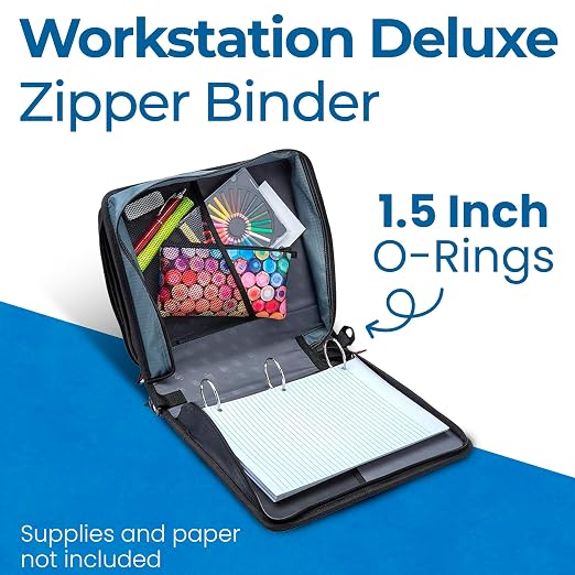 Case-it School Zipper Binder | 1.5-Inch O-Rings | 300-Sheet | LT-117 Black | Workstation, 13-Inch Laptop/Tablet Padded Pocket, Multiple Pockets, Shoulder Strap, 6-Pack, Office