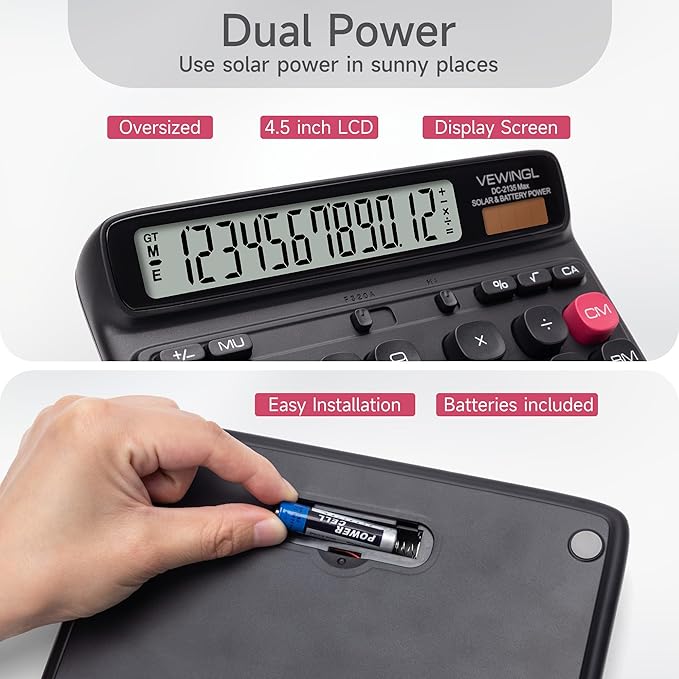 VEWINGL Desktop Calculator with Large LCD Display, 12-Digit Dual Power Solar & Battery Office Calculator with Big Buttons for Business, Accounting & Home Use (Black, L)