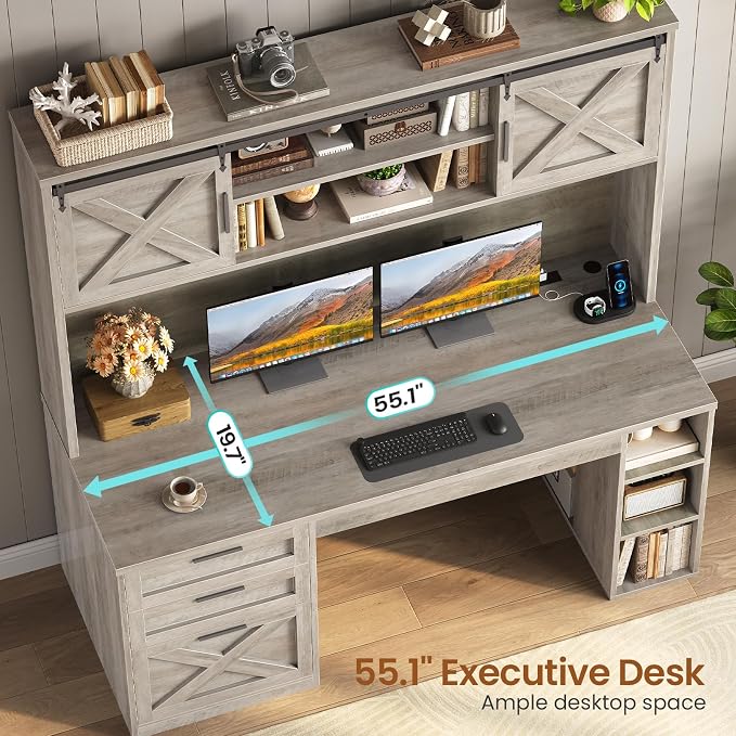 SEDETA 55.1" Farmhouse Desk with Hutch & 3 Storage Drawers | Executive Computer Desk with Storage Cabinet and Shelves, Home Office Desk with power outlet & LED Lights,Grey