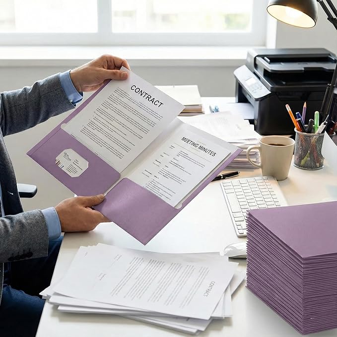 Zzrywuty Purple File Folders with Pockets Letter Size,50-Pack Paper Folders with Card Slot,Two Pocket Folders for School Students,Businessmen,Home and Office Workers