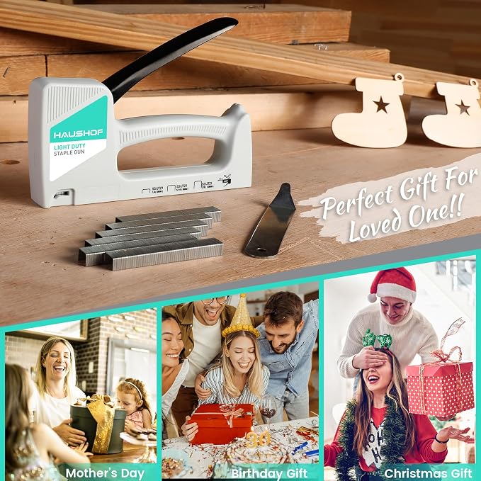 HAUSHOF Light Duty Staple Gun with 800-Count JT21 Staples & Stapler Remover | Upholstery Staple Gun Fits JT21 Staple of 1/4'', 5/16'' & 3/8'', Used for Wood, Classroom, Crafts, DIY (White)