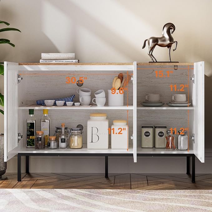 BVIUNTWO 47" Farmhouse Buffet Cabinet with Metal Base, Adjustable Shelves & 3 Doors, Antique White Storage Sideboard for Kitchen, Dining & Living Room