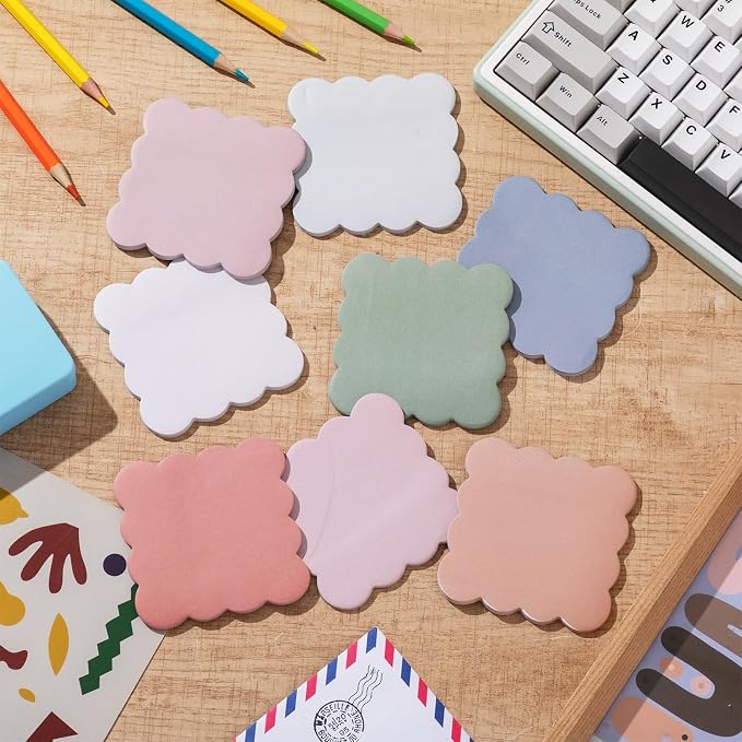 Eaasty 8 Pack Scalloped Sticky Notes 3" X 3" Vintage Memo Pads | Vintage Aesthetic Wavy Edges, Self-stick for School Office Desk, 240 Sheets Bulk, Cute Design for Reminders Planning