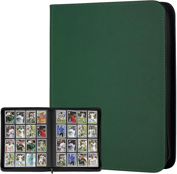 16 Pocket Ringless Side Loading Trading Card Binder, 1024 Cards PU Fixed Page Zipper Card Album for TCG Sports Game Cards, Not Fit Top Loaders (Dark Green)