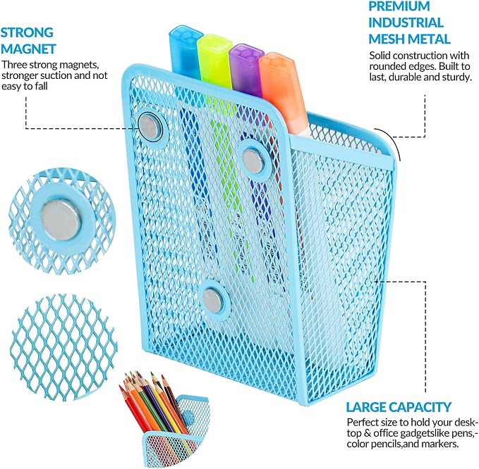 UCYCAZ Magnetic Pen Holder,Single Magnetic Pencil Locker Holder Organizer | Strong Magnets Mesh Marker Holder,Locker Accessories,Writing Storage Organizer,Pen Basket for Whiteboard,Refrigerator (Blue)