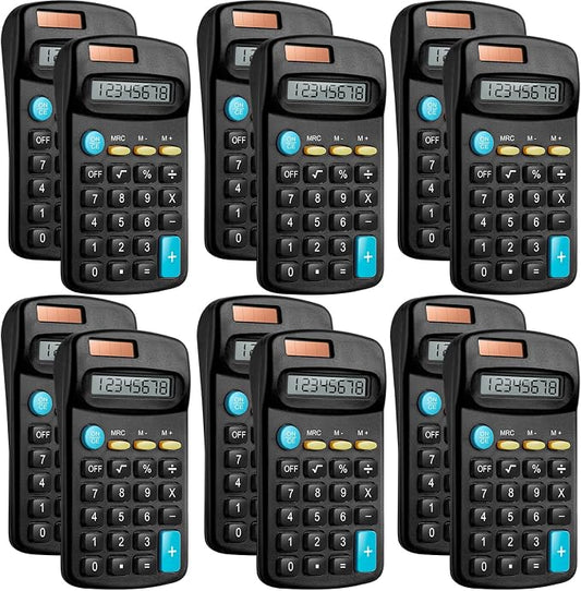 12 Packs Pocket Size Mini Black Calculator Basic Calculators for Handheld Angled Students 8 Digit Display Solar Battery Dual Power Small Calculator for Students Kids Home Office