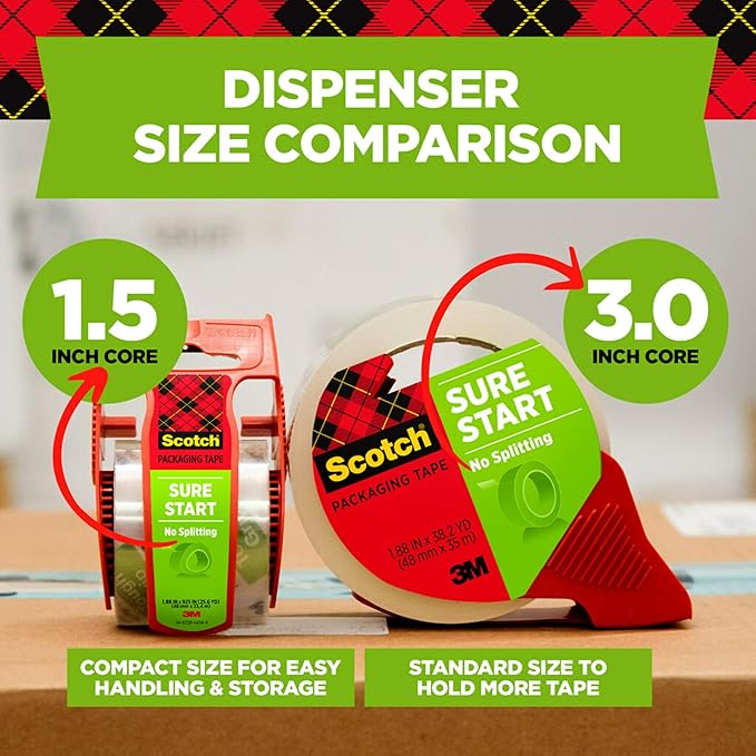 Scotch Sure Start Packaging Tape, 1.88 x 38.2 yd, Designed for Packing, Shipping and Mailing, Smooth and Quiet Unwind, 3" Core, Clear, 2 Rolls w/1 Dispenser (3450S-2-1RD) (Pack of 2)