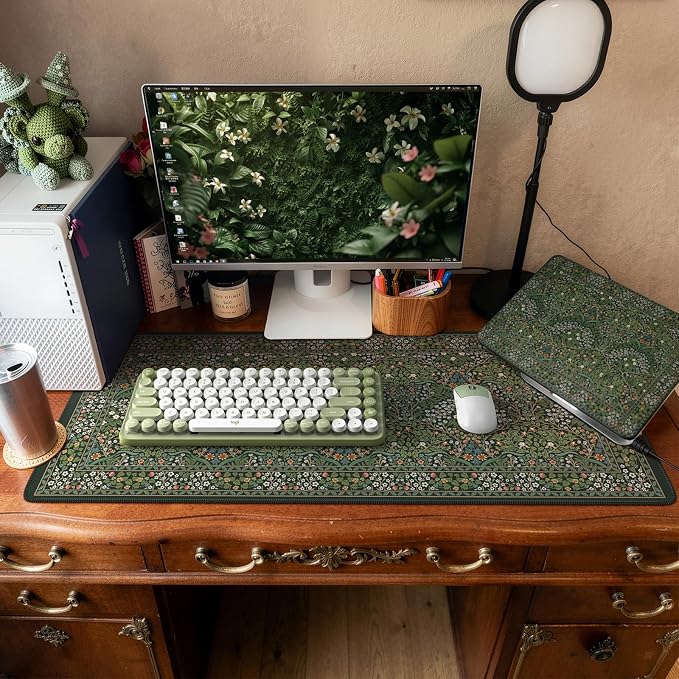 iCasso Retro Mouse Pad, Desk Pad Mat, Full Desk Large Mousepad, Green | 35.4x15.7in Anti-Slip Smooth Surface XXL Computer Pad with Stitched Edges for Home Office Organizer