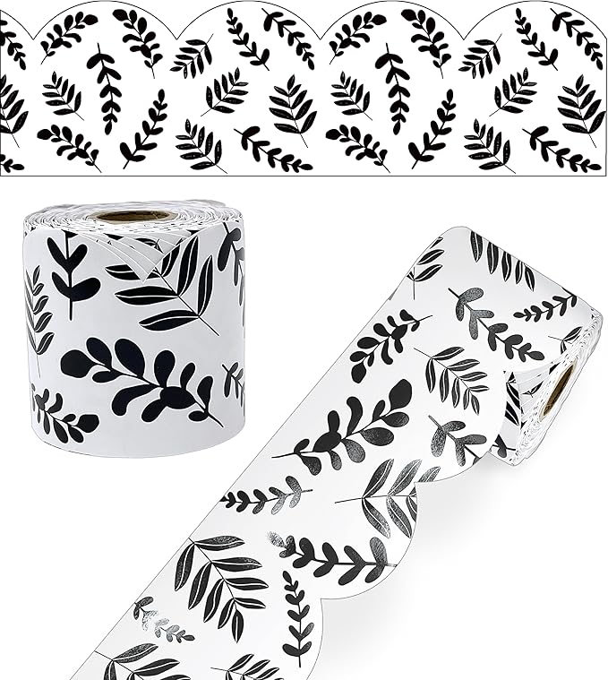Carson Dellosa Farmhouse 65Ft of Black and White Bulletin Board Borders, 1 Roll of Scalloped Trim with Eucalyptus Leaves for Rolling Whiteboard, Cork and Posterboard, and Classroom Decor