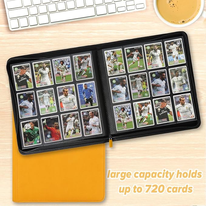 12 Pocket Ringless Side Loading Trading Card Binder, 720 Cards PU Fixed Page Zipper Card Album for TCG Sports Game Cards, Not Fit Top Loaders (Yellow)