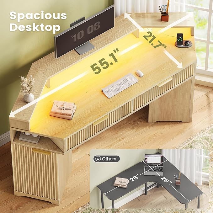SEDETA Computer Desk with 2 Drawers, Small Diamond Office Desk with Storage Cabinet for Small Space, Gaming Desk with LED Lights & Power Strip for Home Office, Oak