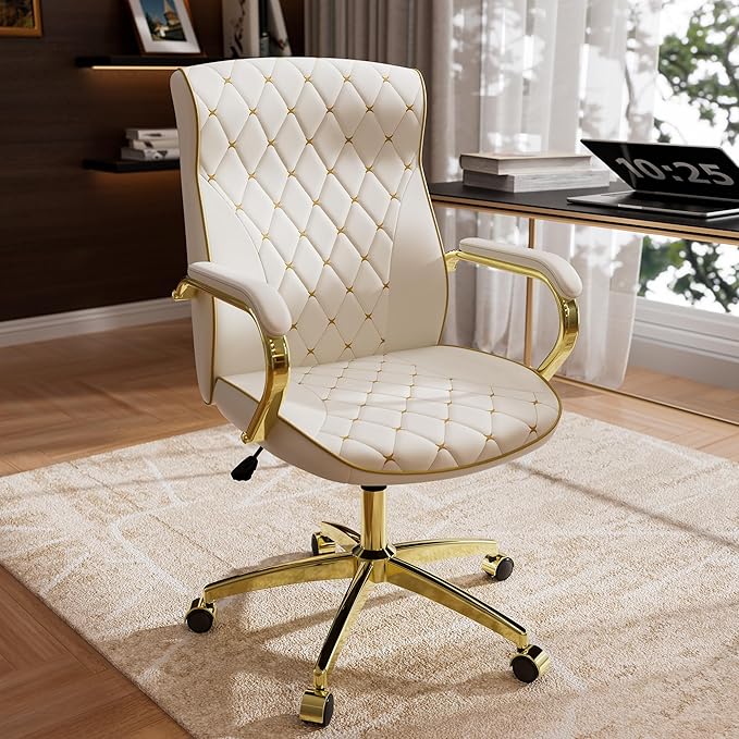 White and Gold Office Chair, Luxury Leather Executive Desk Chair | Elegant Timeless Appeal, Vintage Mid Back Styling with Wheels and Padded Arms, Thick High Density Foam Comfort