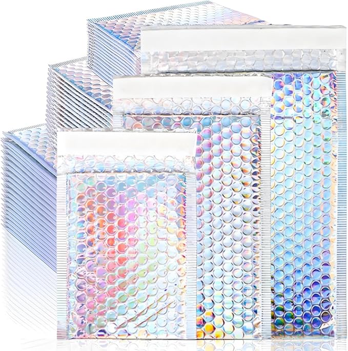 50 Pieces Metallic Bubble Mailers, Self-Seal Poly Padded Envelopes, Waterproof Holographic Bubble Shipping Envelopes for Mailing, Packing, Small Business, Christmas Gifting