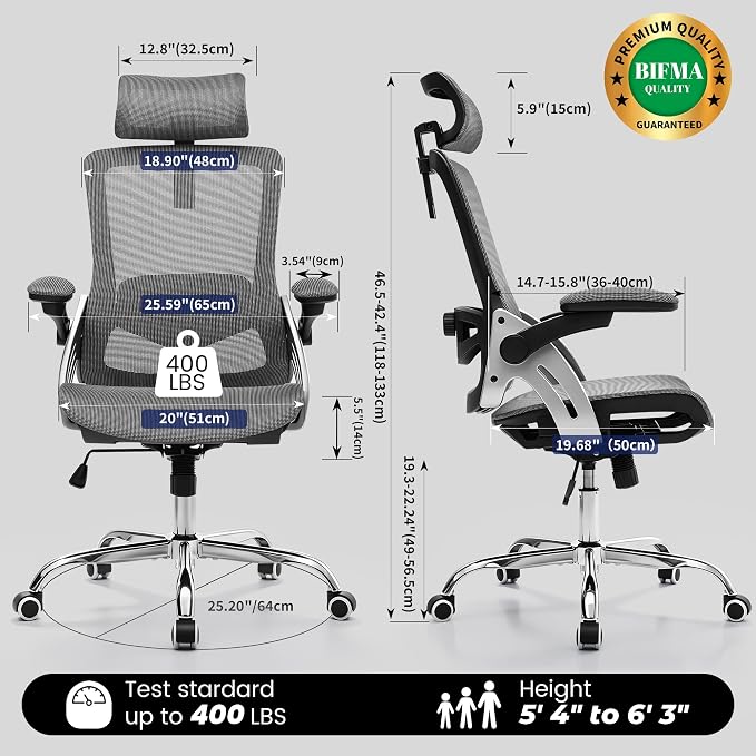 Fizzin Office Chair Mesh Desk Chair with 3D Armrests Computer Chair | Ergonomic Office Chair with Adjustable Lumbar Support and Headrest 125° Tilt and Wide Mesh Cushion High Back Home Desk Chair