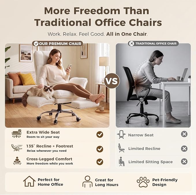 Big and Tall Office Chair, Flip Armrests for Pets & Cross Legged Sitting | Executive Ergonomic Computer Gaming Chair with Foot Rest, Teddy Fleece Wide Seat Reclining Desk Chair, White Vanity Chair