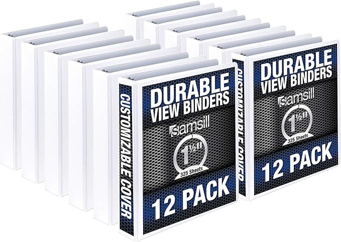 Samsill 12 Pack Durable 1.5 Inch 3 Ring Binders, Round Ring, Clear View Cover for Presentations, White