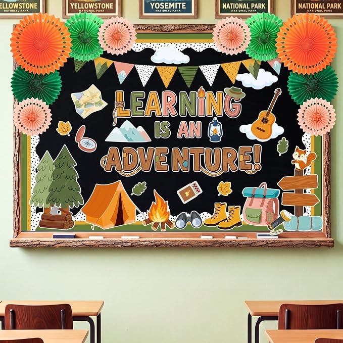 Camping Bulletin Board Decorations with Paper Fans 3D Explore Adventure Classroom Bulletin Board Set Summer Camp Tent Forest Woodland Cutouts Back to School Office Wall Door Decor