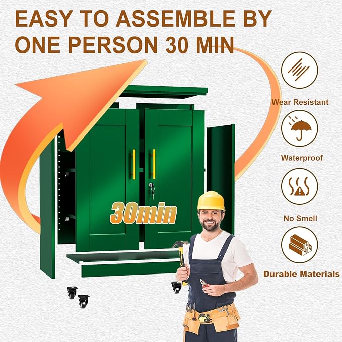 36" Metal File Garage Storage Cabinet with Lock and Wheels,Rolling Steel Locker Organizer,Office File Cabinet with 2 Doors and 2 Adjustable Shelves,Tool Cabinets for Home Office,Gym,School (Green)