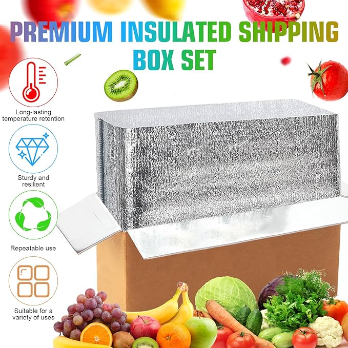 2 Pack Hot & Cold Double Insulated Shipping Box with Aluminum Foil Insulated Bag Liner, Reusable Hot & Frozen Food Delivery Insulated Carton for Shipping, Mailing, Packing, 12.2x5.2x7.5 Inch