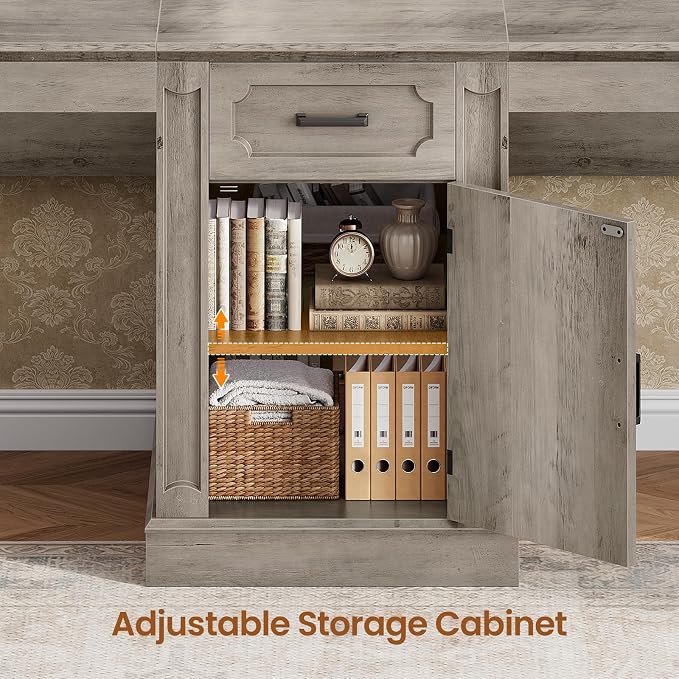SEDETA Farmhouse 110.3" Two Person Desk with 7 Drawers, Long Computer Desk with Storage Cabinet, 2 Person Desk with Power Outlets for Home Office, Gray