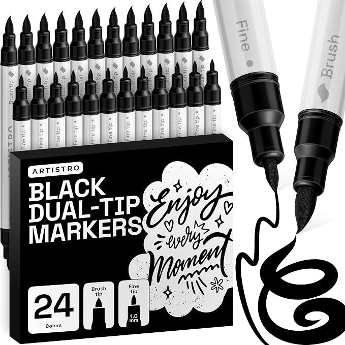 ARTISTRO 24 Black Dual-Tip Acrylic Paint Marker Pens for Drawing | For Fabric, Rock, Glass, Wood, & Molds, Arts & Crafts Gift for Adults, Teens, & Kids, Classroom Must Haves & School Supplies